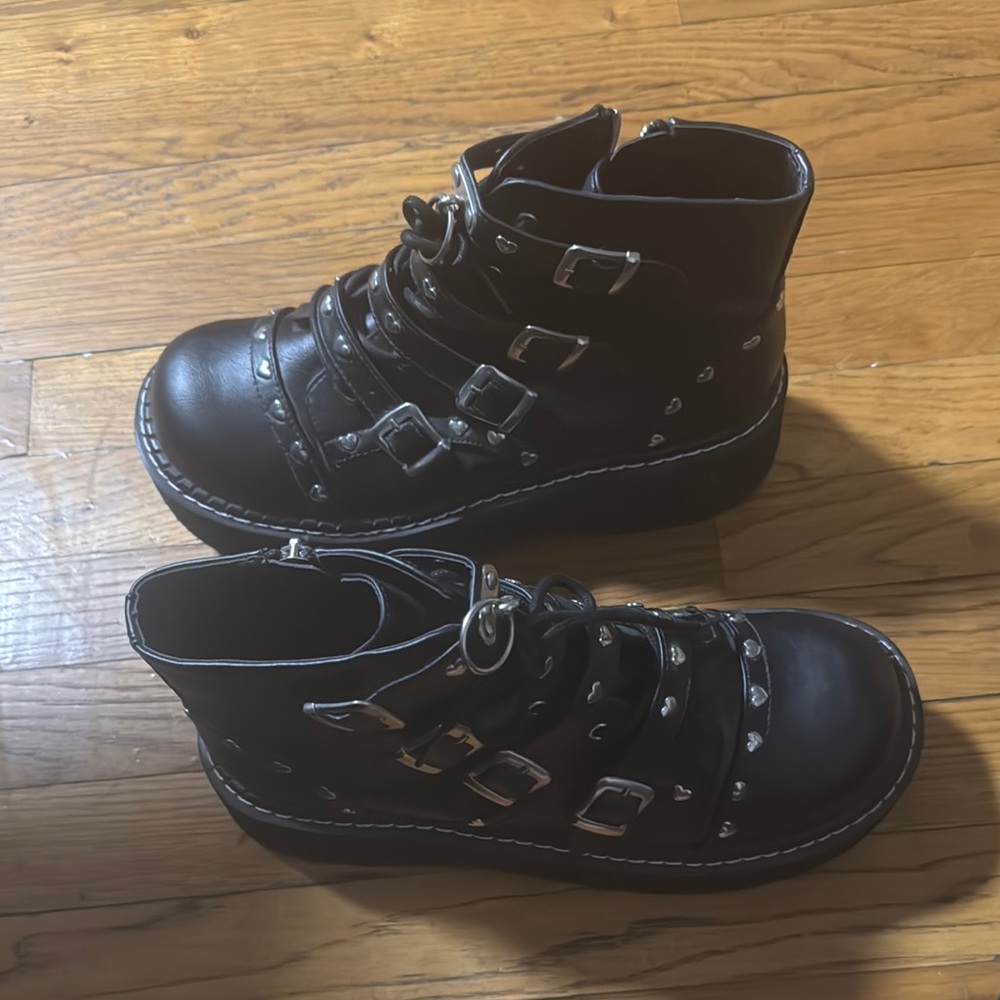 Demonia Emily 315 Goth Boots Buckles with Heart Studs
